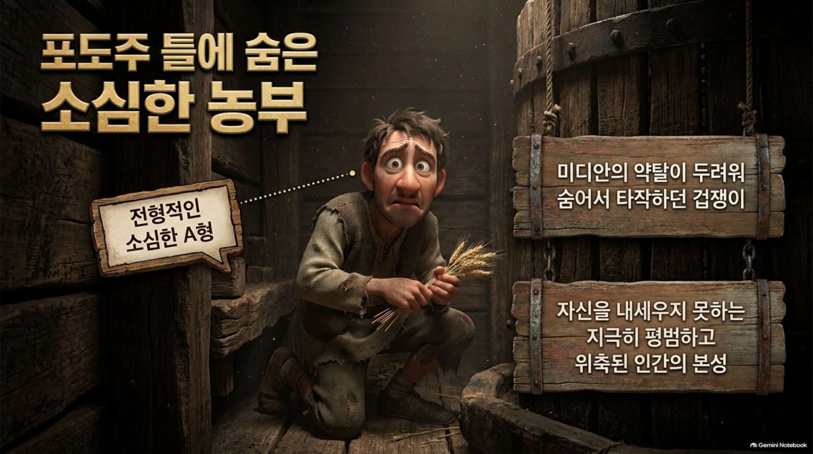포도주 틀에 숨은 소심한 농부 슬라이드